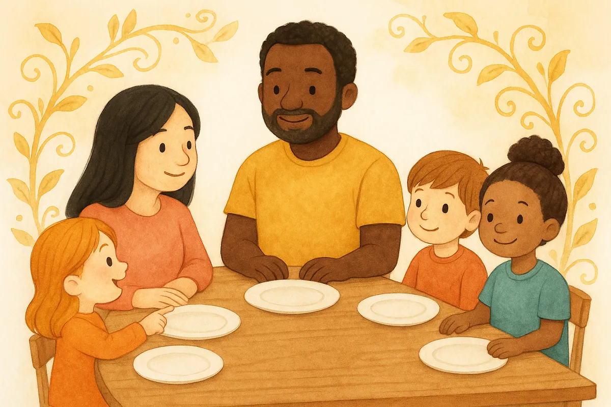 A family sharing gratitude — watercolor illustration from Thank You Gate